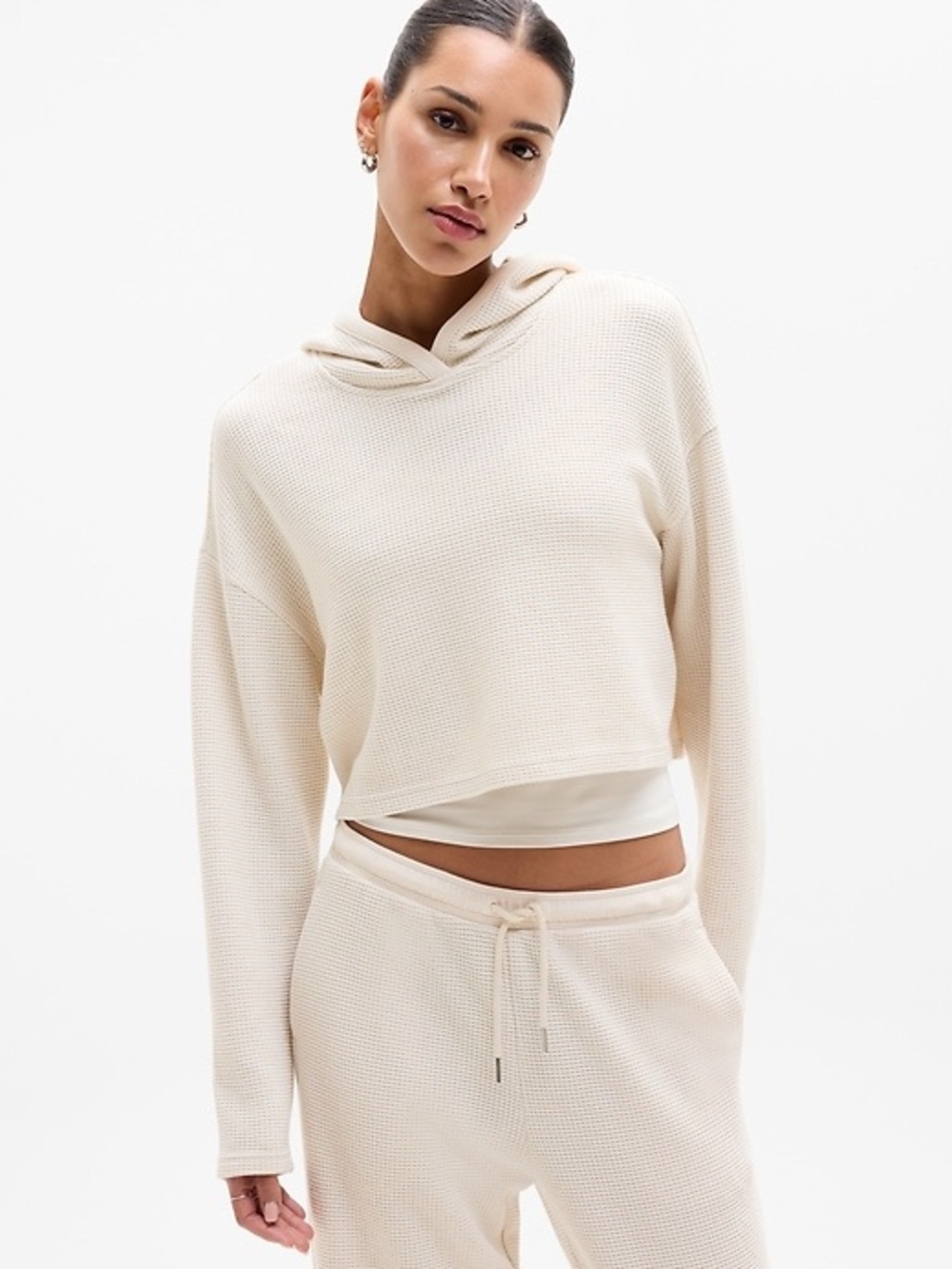 Athleta Cream Waffle-Knit Cropped Hoodie